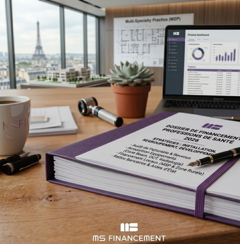 Un dossier de financement violet ouvert sur un bureau de direction moderne avec vue sur Paris, un stylo plume, un ordinateur portable affichant un tableau de bord financier MSFI, et le plan architectural d'une MSP.  Les Balises Meta (Pour le SEO / Goog